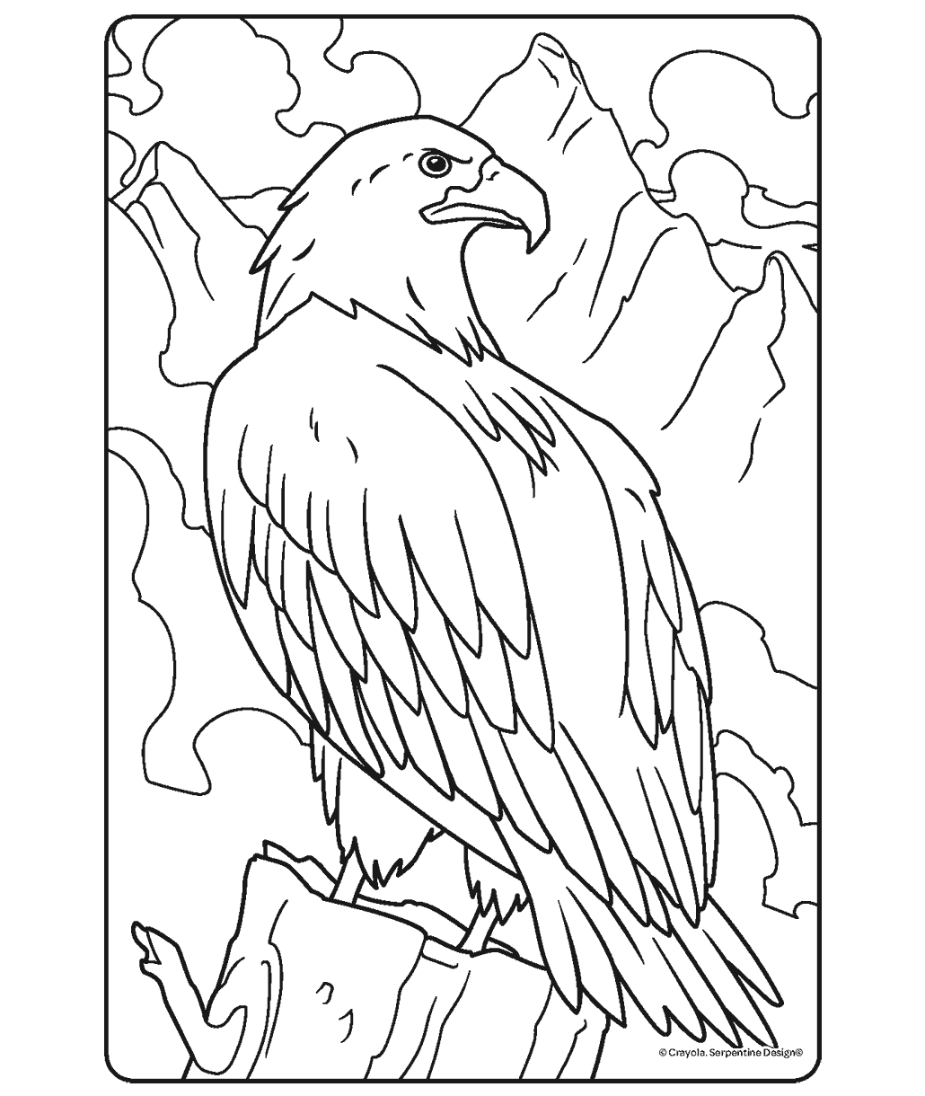 Bald Eagle perched on tree stump with mountains in the background coloring sheet