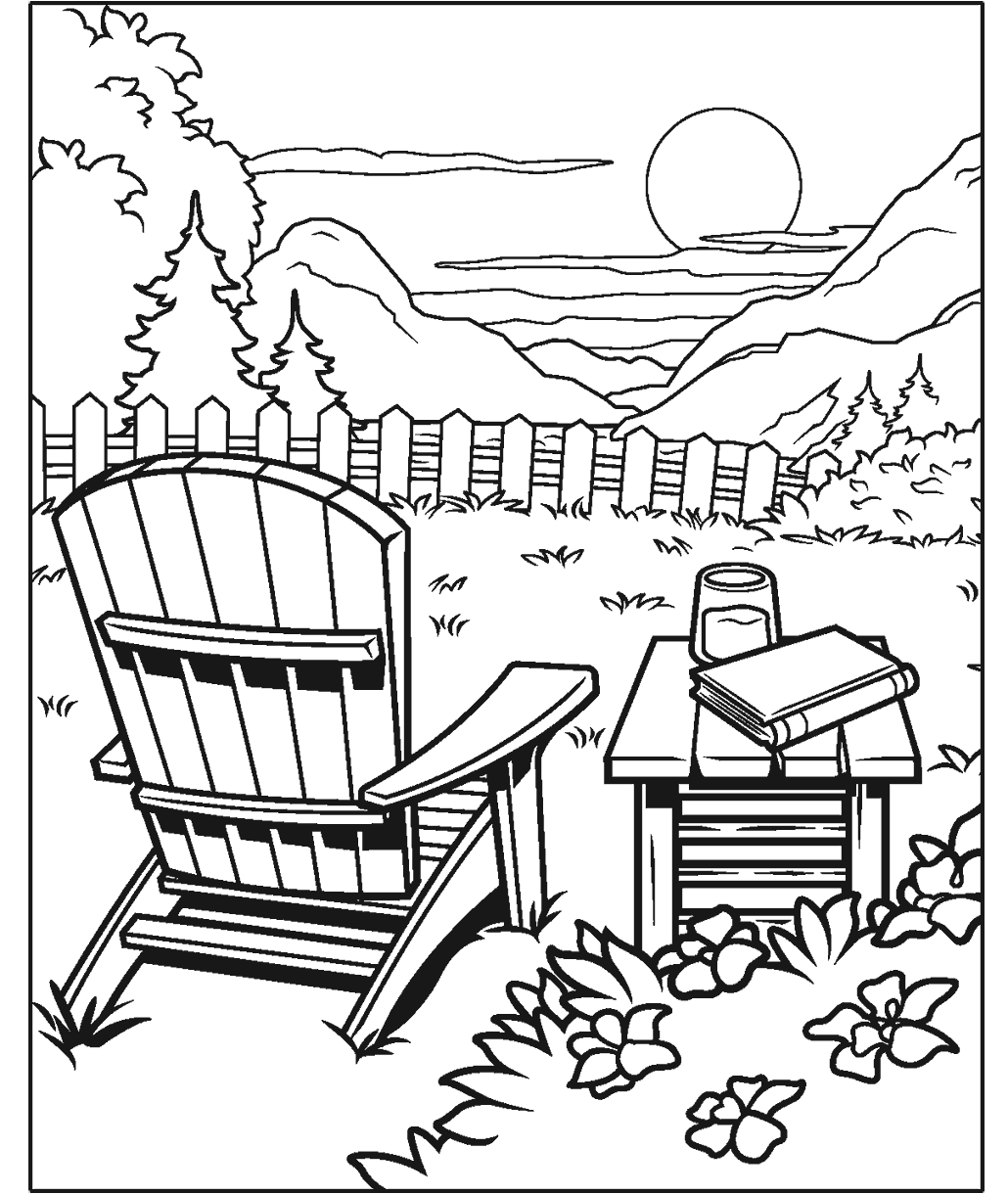 Peaceful mountain landscape with a chair and side table with books overlooking a sunset view.