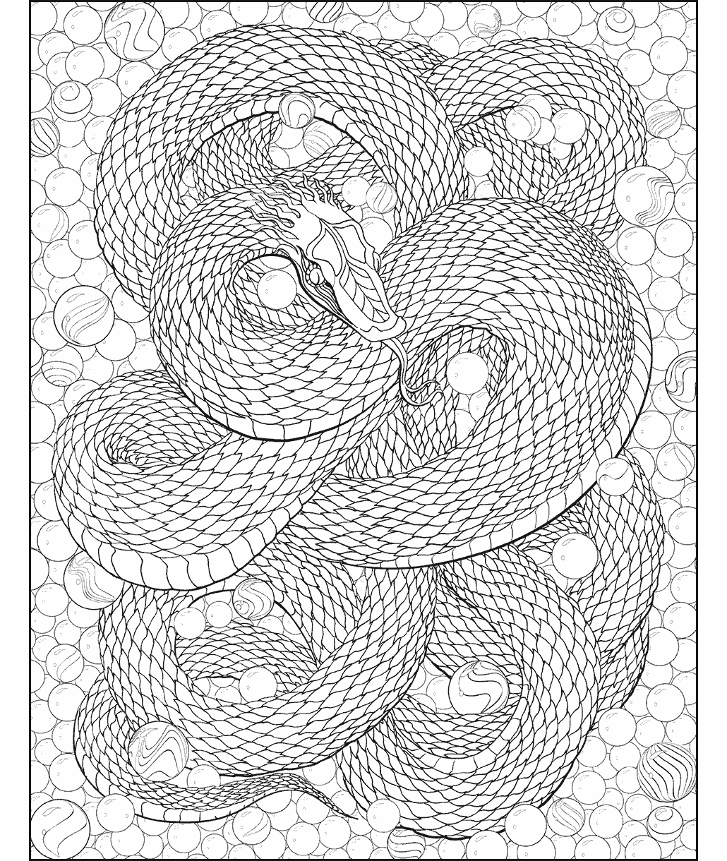 Snake coloring page showing an intricately detailed serpent with textured scales coiled among decorative marble-like spheres.