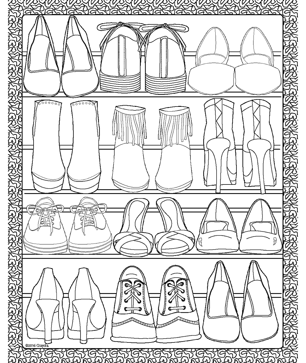 Shoe coloring page showing a collection of heels, boots, flats, sandals, and lace-up shoes arranged on shelves.