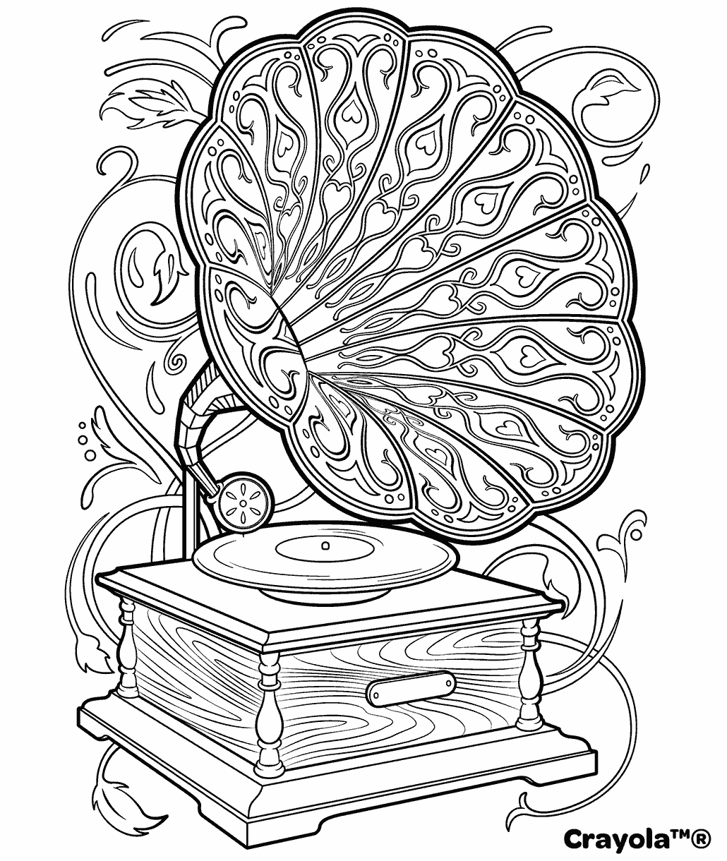 Victrola colouring page showing a vintage phonograph with an intricately patterned horn and decorative swirling designs surrounding it.