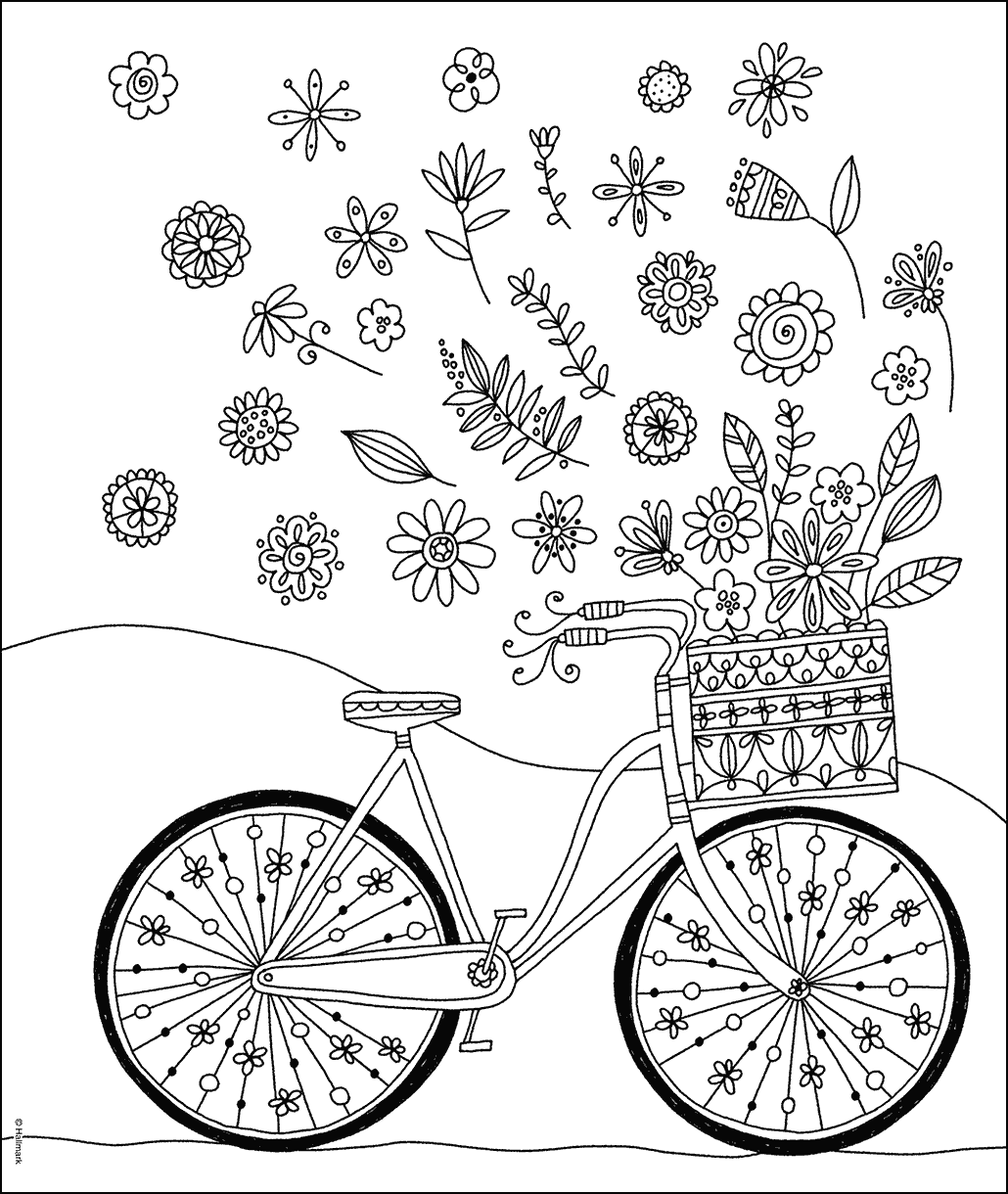 bicycle coloring sheet featuring floral designs