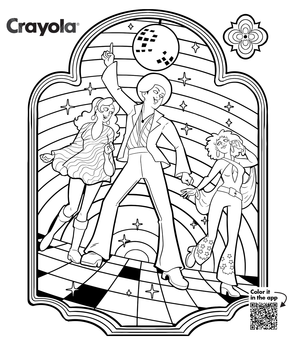 Página para colorear de baile disco con tres bailarines bajo una bola de discoteca, patrones retro, imprimibles o a color en la app Crayola Adult Coloring