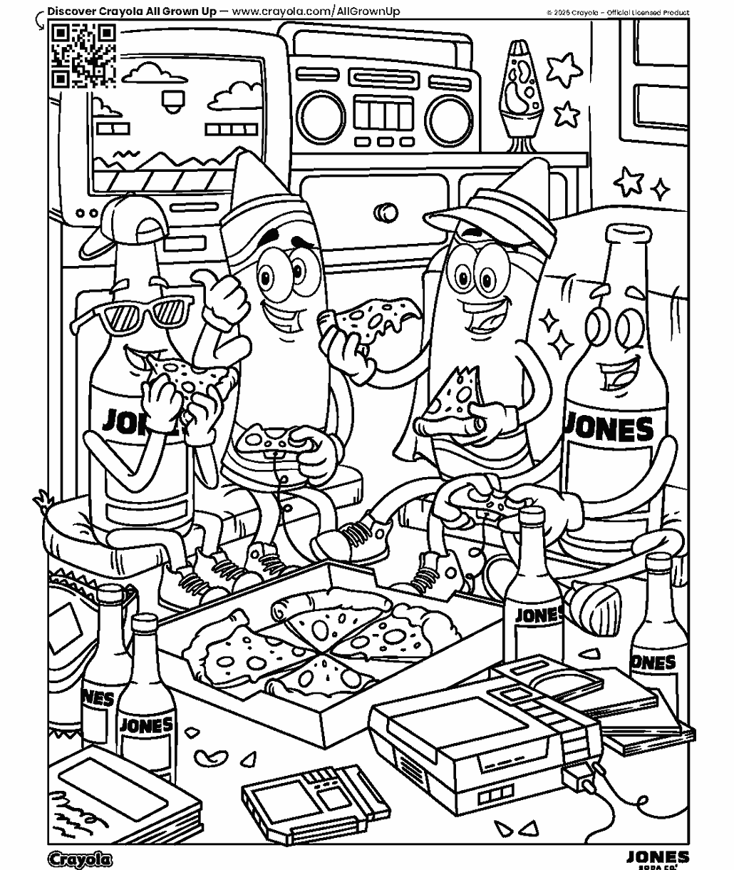 90's gaming coloring page showing Crayola and Jones Soda characters playing video games, eating pizza, and surrounded by retro gaming consoles and accessories.