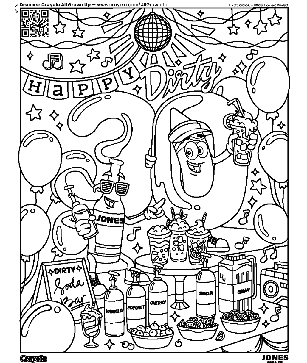 Birthday party coloring page showing Crayola and Jones Soda characters celebrating a Dirty 30 party with balloons, drinks, desserts, and decorations.