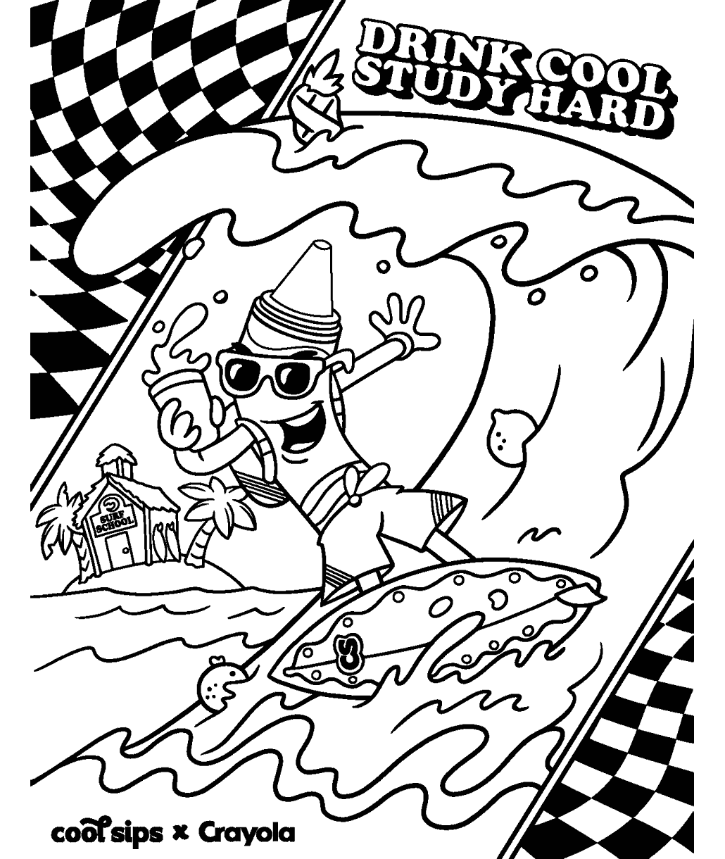 Surfing coloring page with waves, palm trees, and tropical soda