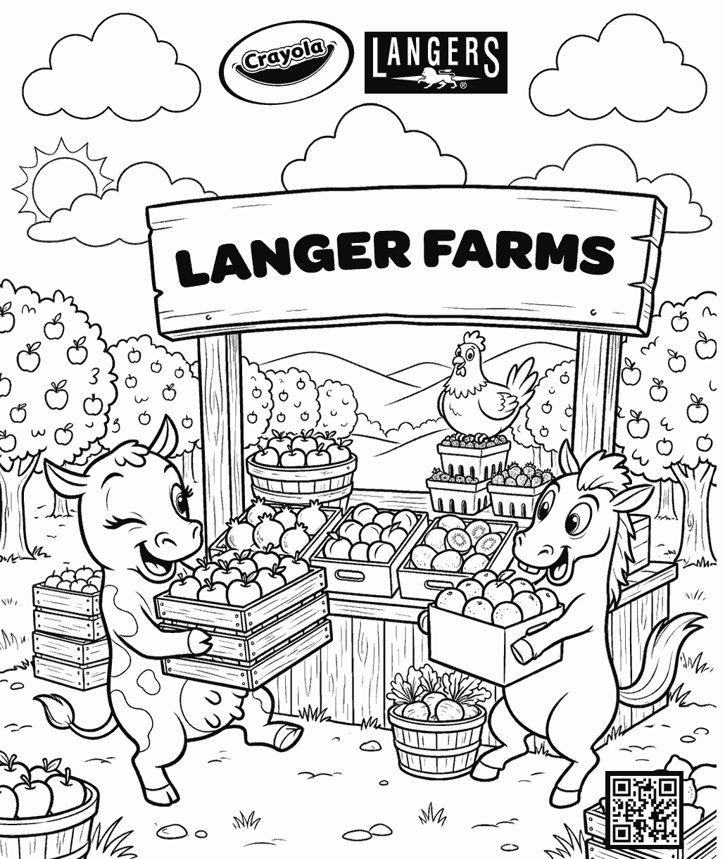 Farm coloring page showing a horse and cow carrying crates of fruit at a farmers market stand with produce, orchards, and a chicken.