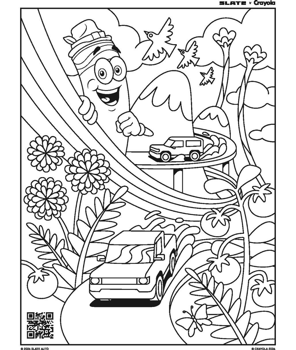 Truck coloring page showing two customizable trucks traveling through a whimsical landscape with winding roads, flowers, mountains, and sunshine.