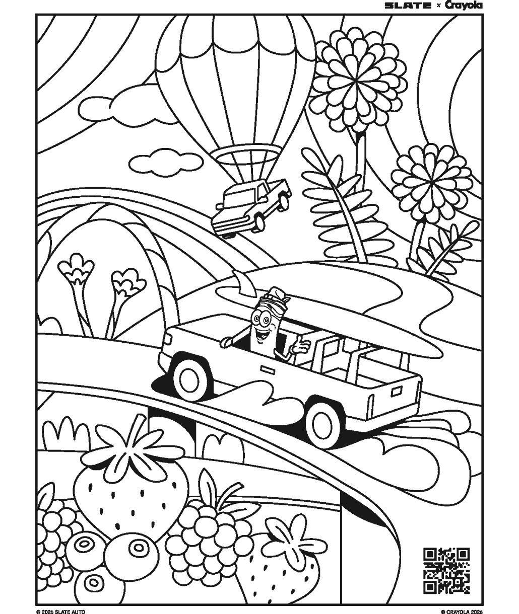 Truck coloring page showing a customizable pickup truck with a smiling Crayola crayon character, colorful landscape elements, and a truck suspended beneath a hot air balloon.