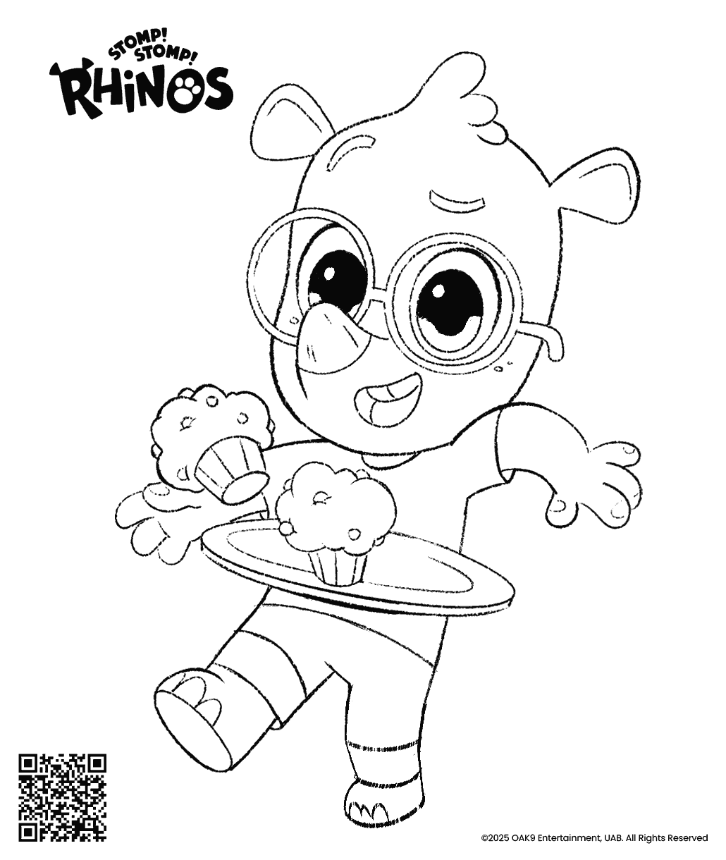 Stomp! Stomp! Rhinos colouring page showing Noah carrying a tray of muffins while wearing large round glasses.