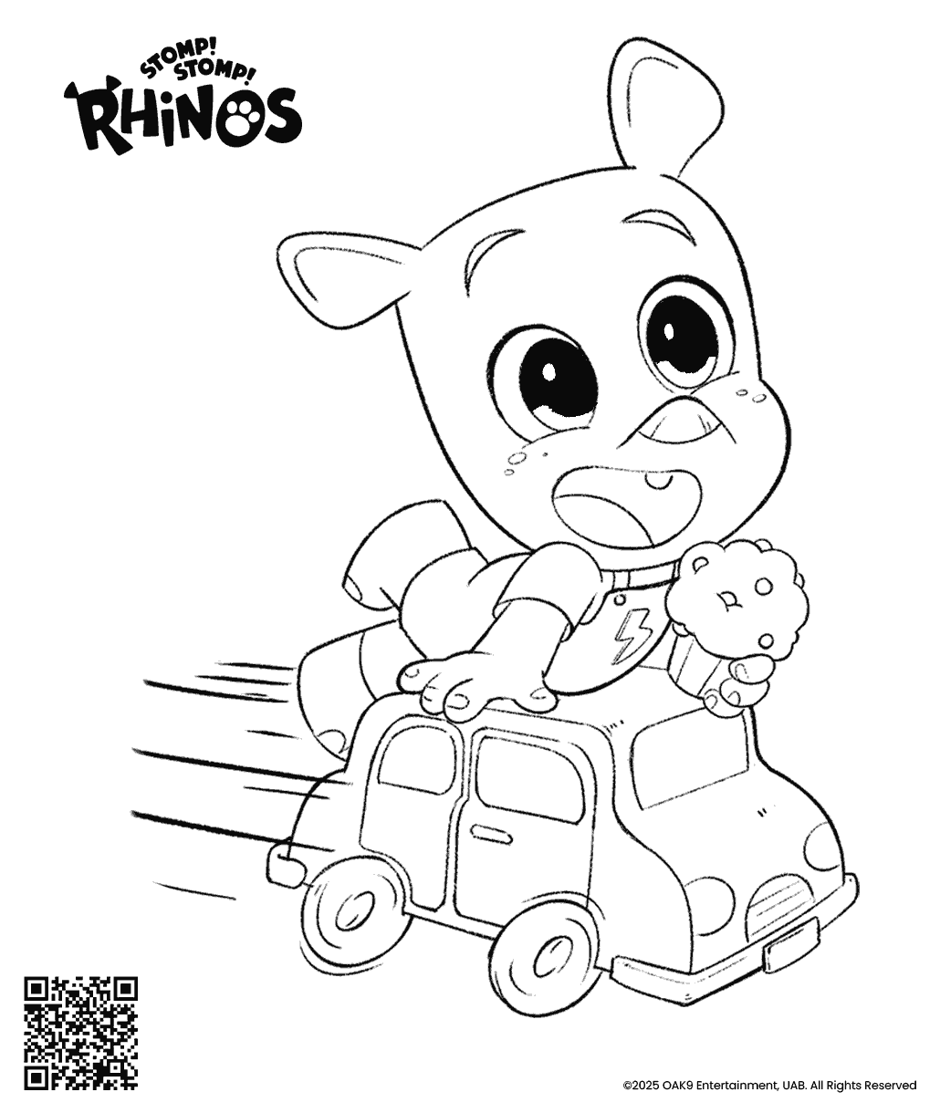 Stomp! Stomp! Rhinos colouring page showing Ron riding in a toy car while holding a muffin.