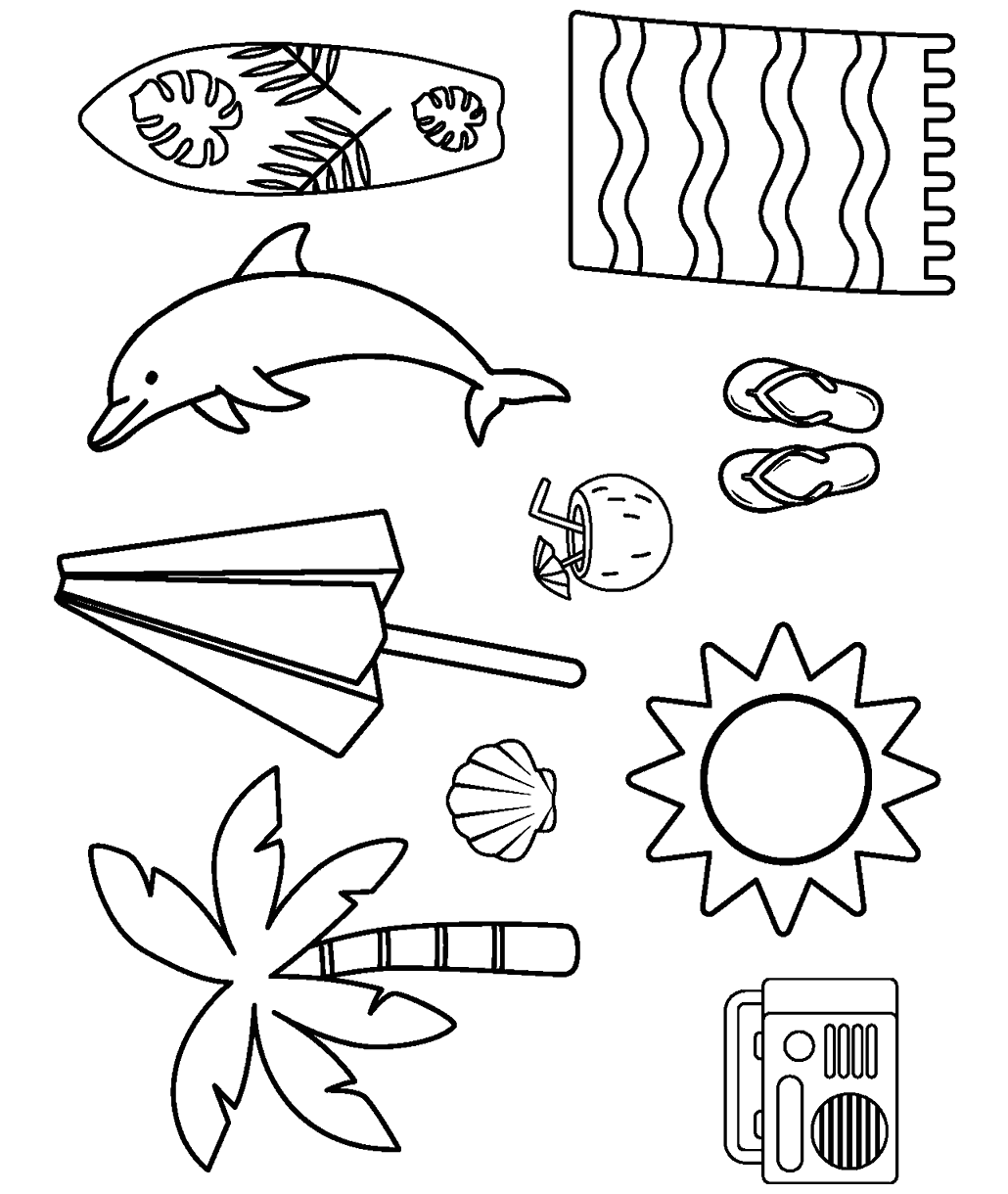 Beach themed images. Palm tree, boom box, sun, shell, umbrella, fancy drink, flip flops, towel, and dolphin.