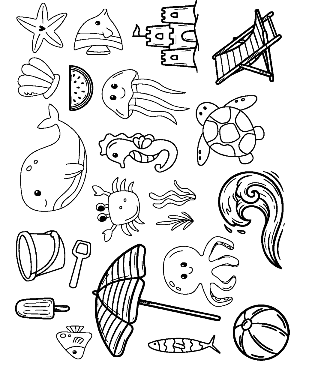 Various beach themed images such as a sand castle, fish, umbrella, bucket and shovel.