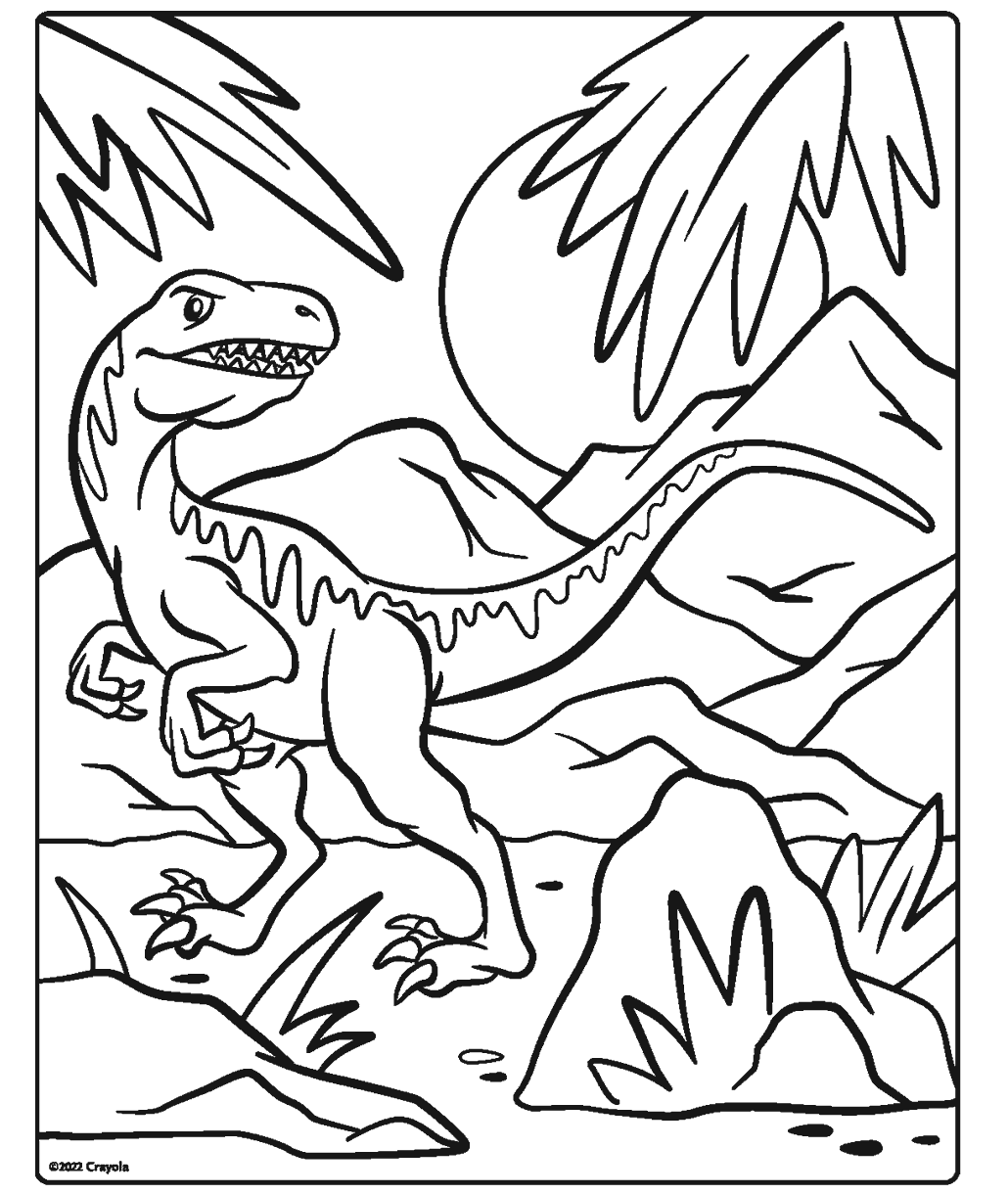 Velociraptor coloring page showing a velociraptor standing in a prehistoric landscape with mountains, rocks, and tropical plants.