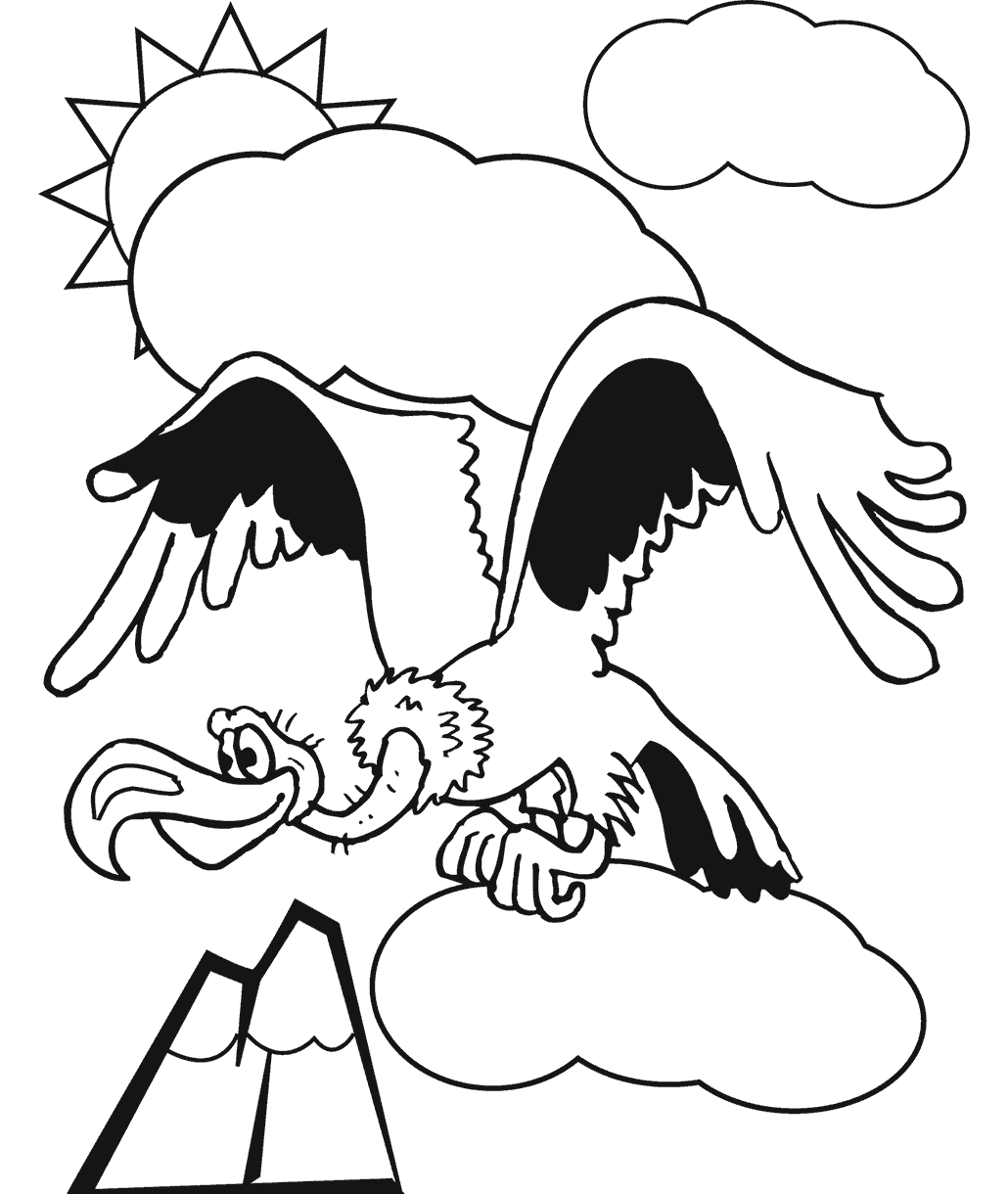 Vulture coloring page showing a large vulture soaring through the sky above mountain peaks, clouds, and the sun.