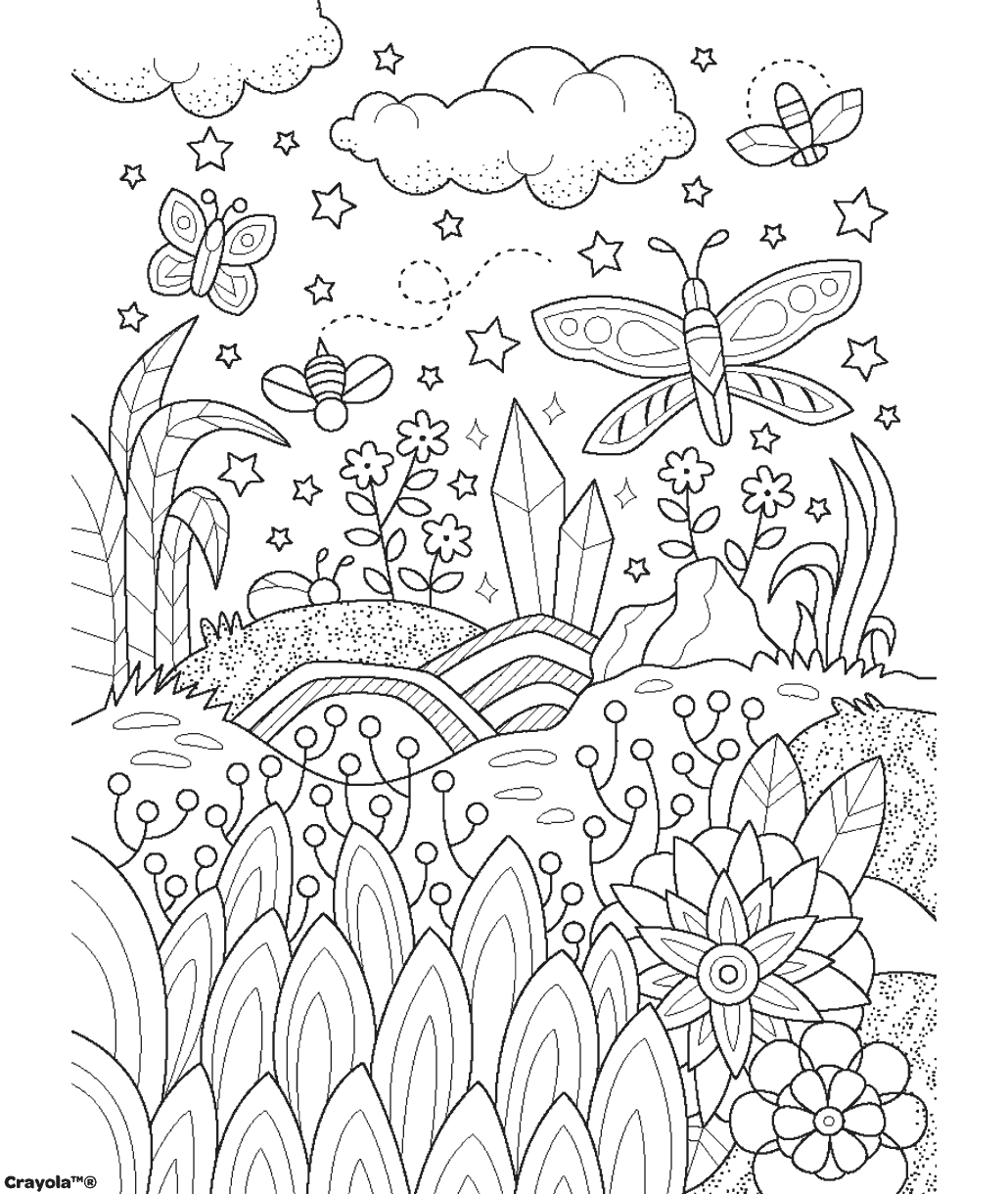 Summer coloring page showing butterflies, bees, flowers, stars, clouds, and a whimsical garden landscape filled with intricate patterns.