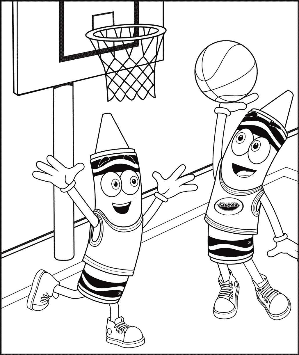 Dos personajes de propina de Crayola jugando baloncesto.
