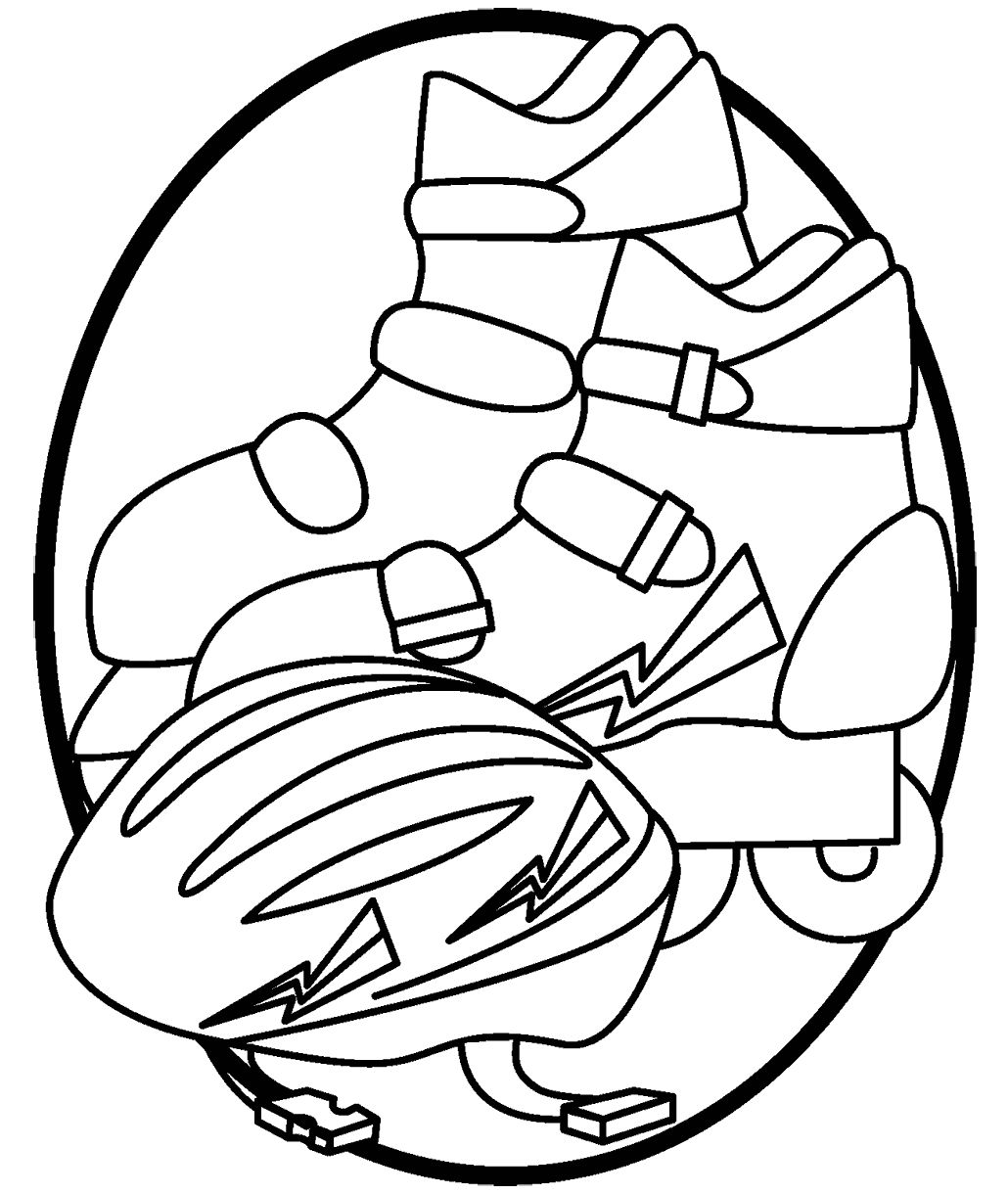 Roller skate coloring page showing a pair of roller skates and a protective helmet with bold outlines and simple details.