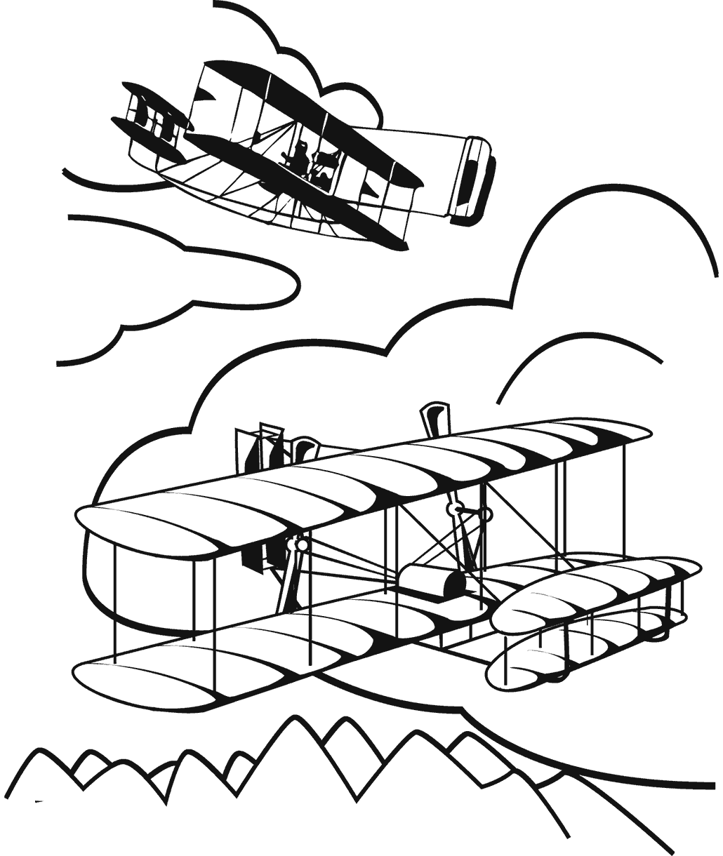 Airplane coloring page showing two vintage biplanes flying above mountains and clouds.