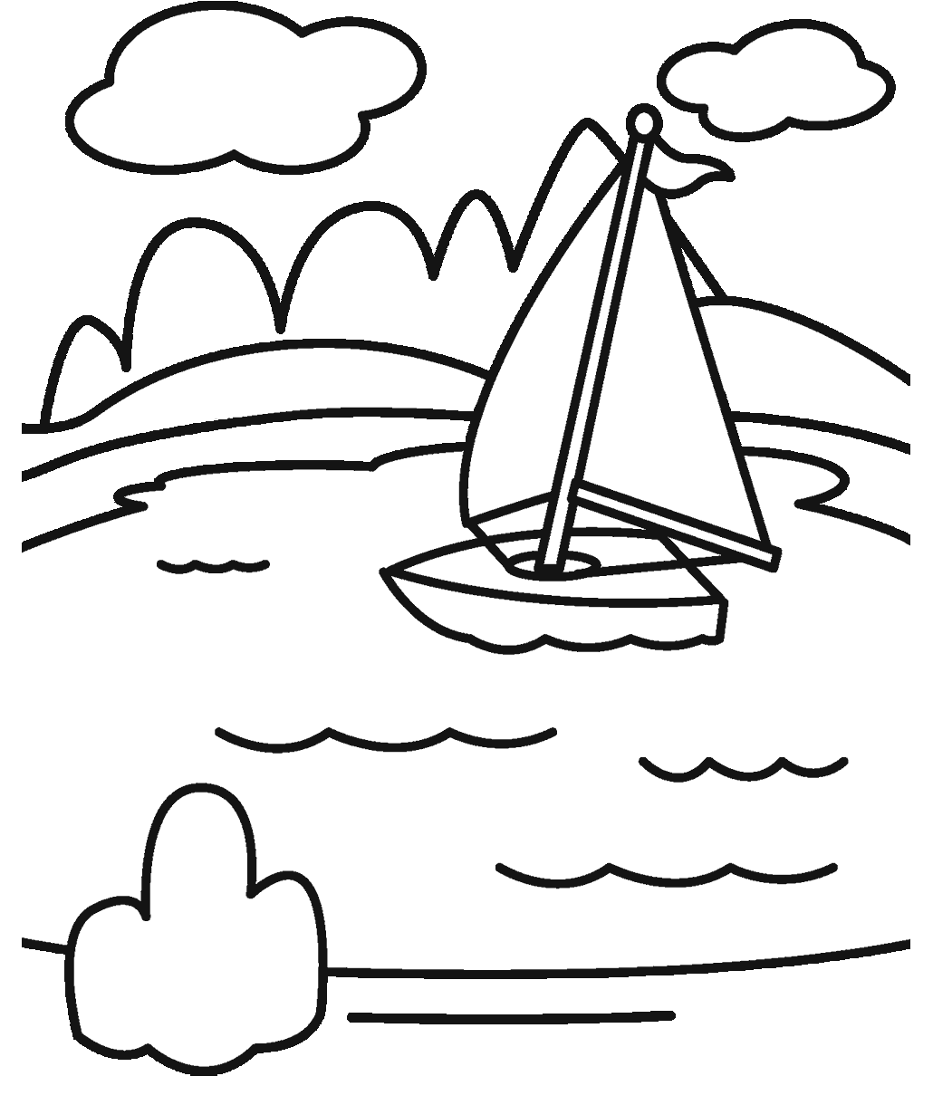 Lake boating coloring page showing a sailboat floating on a lake surrounded by rolling hills, water, and clouds.