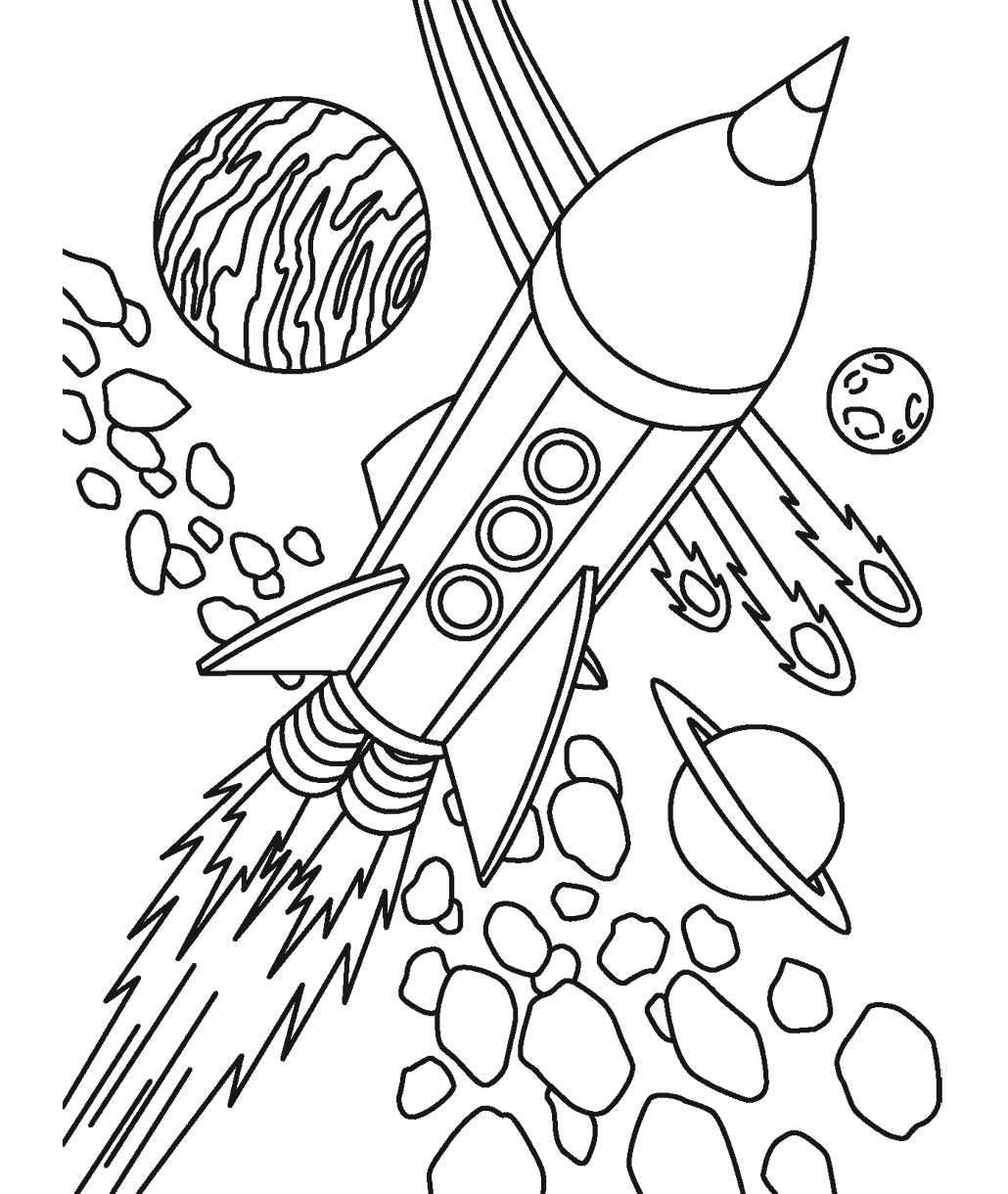 Space coloring page showing a rocket ship blasting through space with planets, asteroids, and shooting stars.