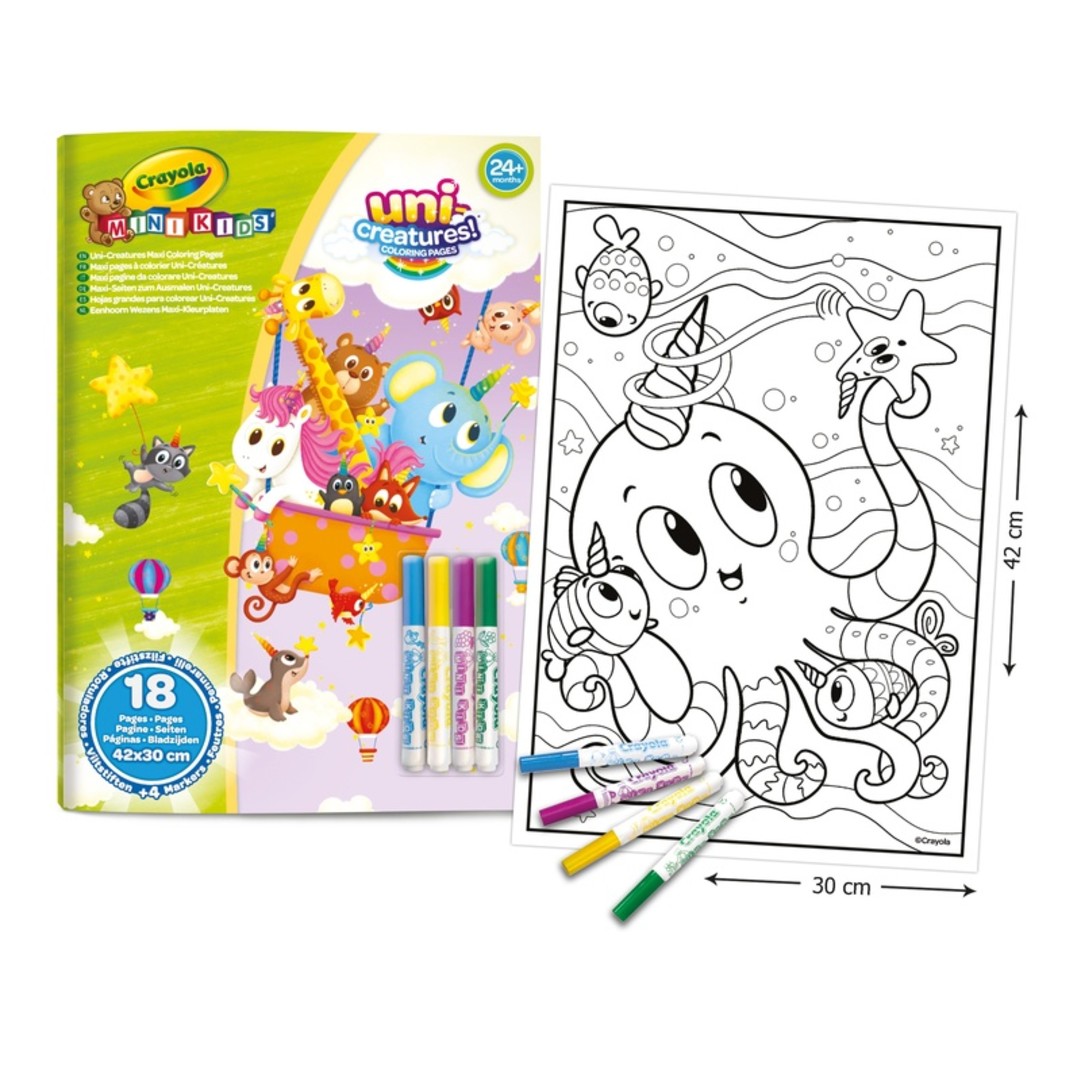 Mini Kids - Maxi pagine da colorare + 4 pennarelli UniCreatures confezione con contenuto