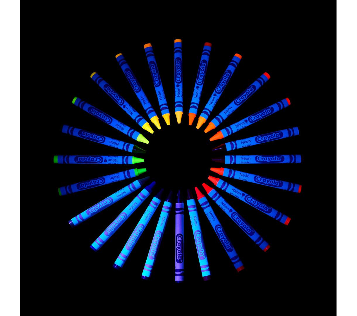 Crayola Neon Crayons 24 count contents under blacklight