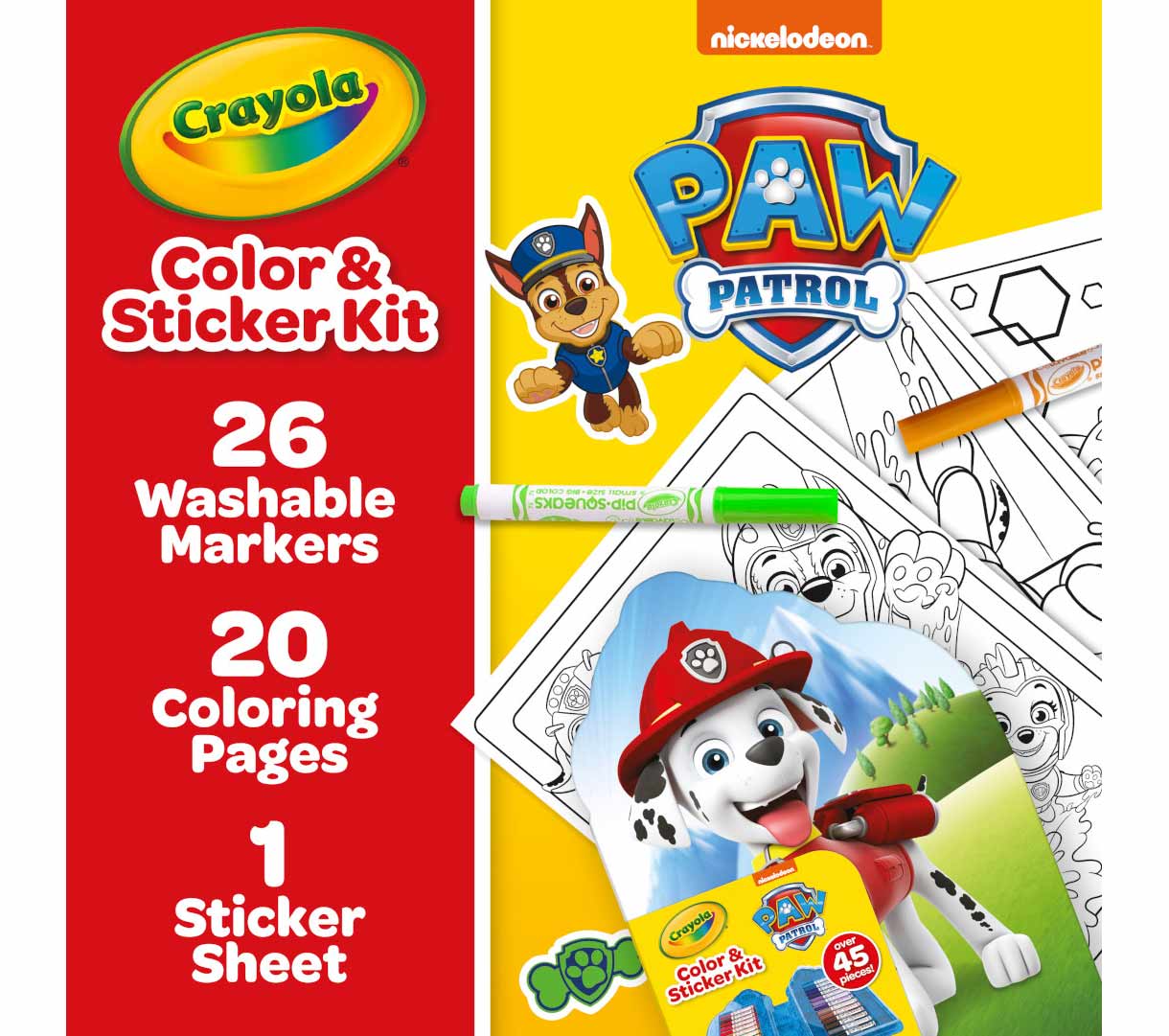 Paw Patrol Color & Sticker kit. Color & Sticker kit. 26 washable markers. 20 coloring pages. 1 sticker sheet.