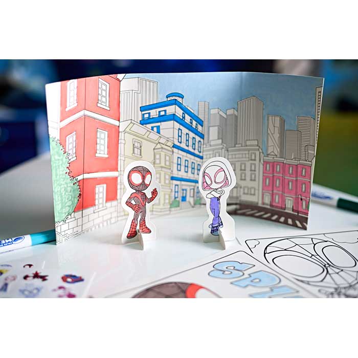 Color Wonder Mess Free Activity Kit, Spidey and His Amazing Friends. Contents. Colored paper figures standing.