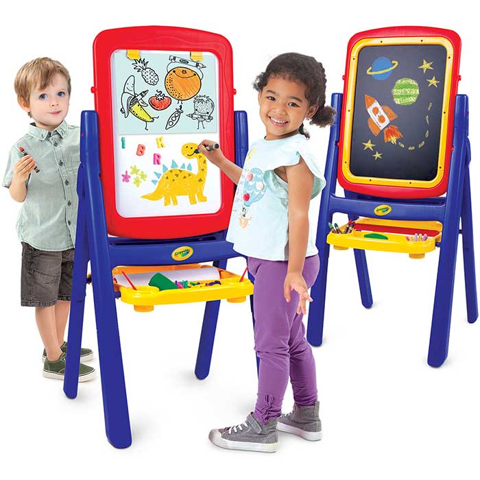 Qwikflip 2-sided easel. two easels and two children creating either side of one easel.