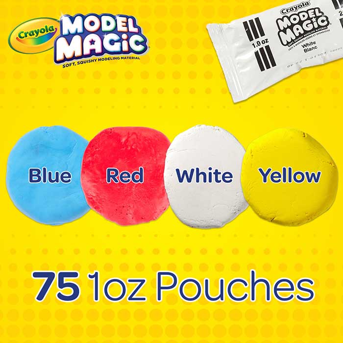 Model Magic Classpack 75 Count 4 Colors. blue, red, white, and yellow. 75, 1 ounce pouches.