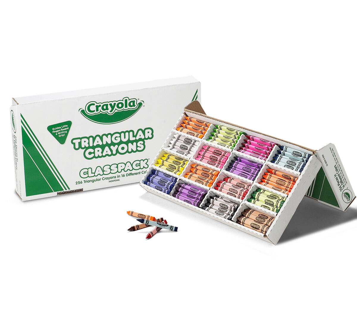 Triangular Crayons Classpack, 256 Count, 16 Colors. Front of packaging and contents, right view.
