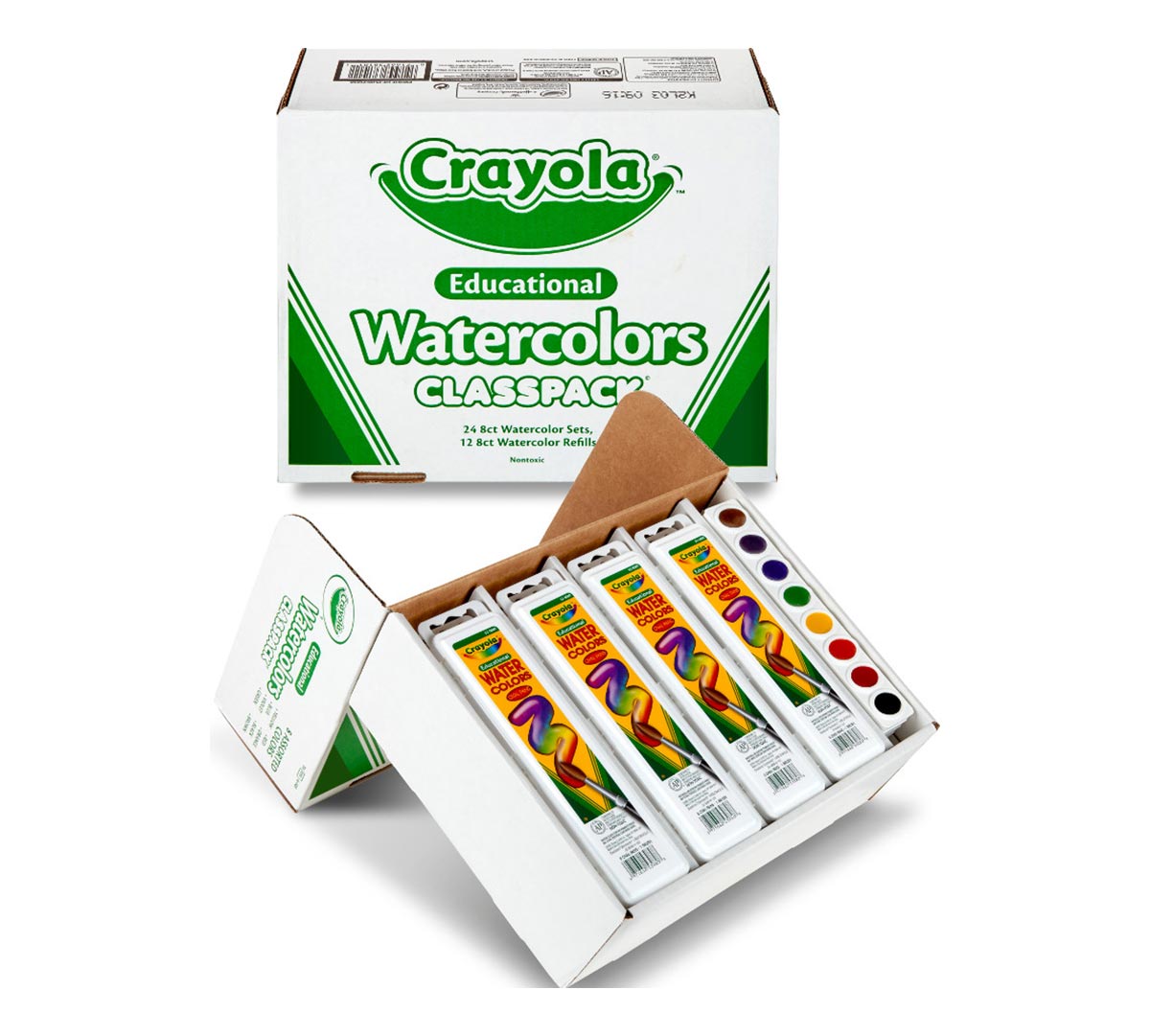 Watercolors Classpack, 24 Count 8 Colors. Contents with packaging, left view.