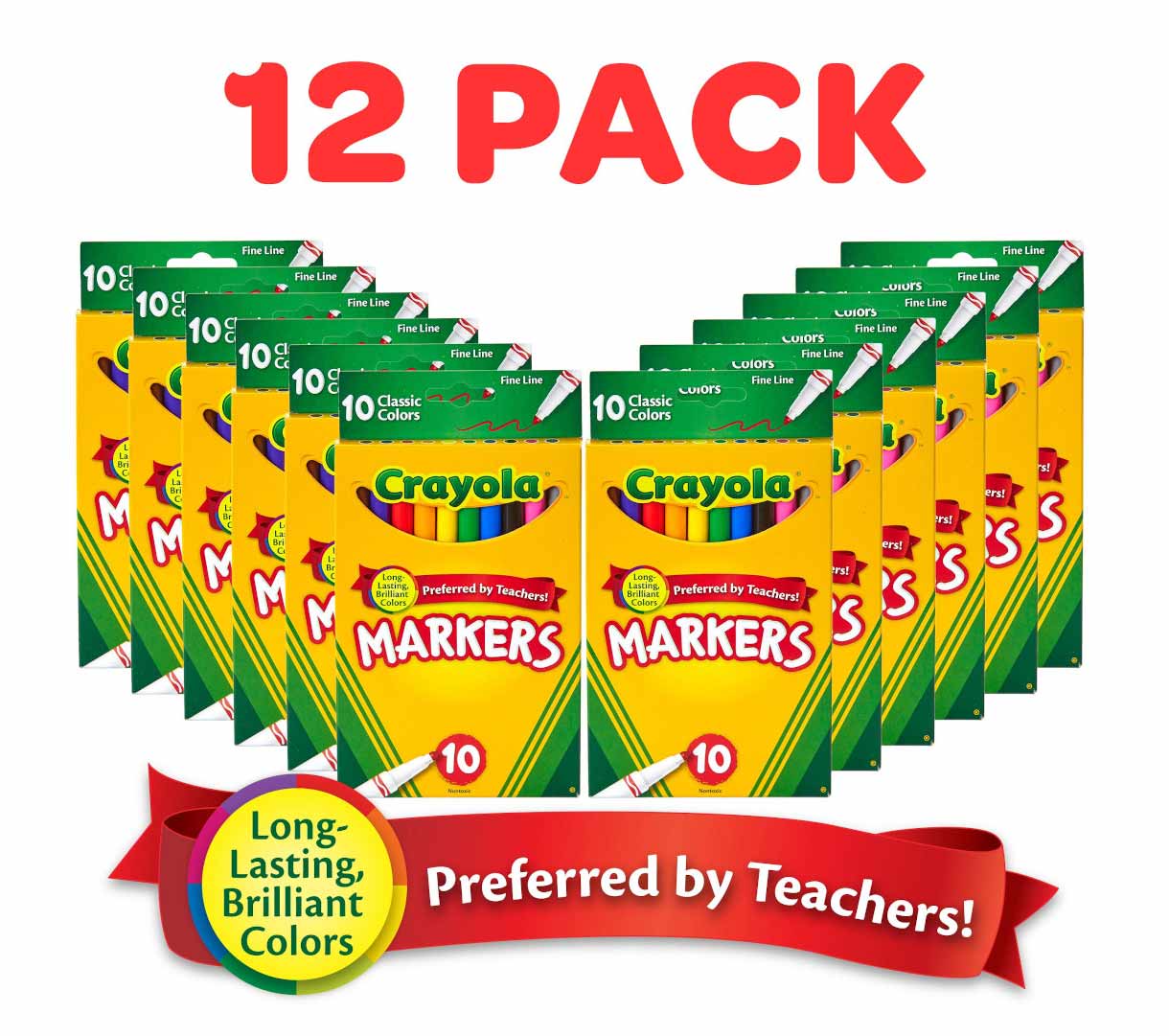 12 box classpack of 10 count classic markers  fine line. Long lasting brilliant colors. Preferred by teachers!