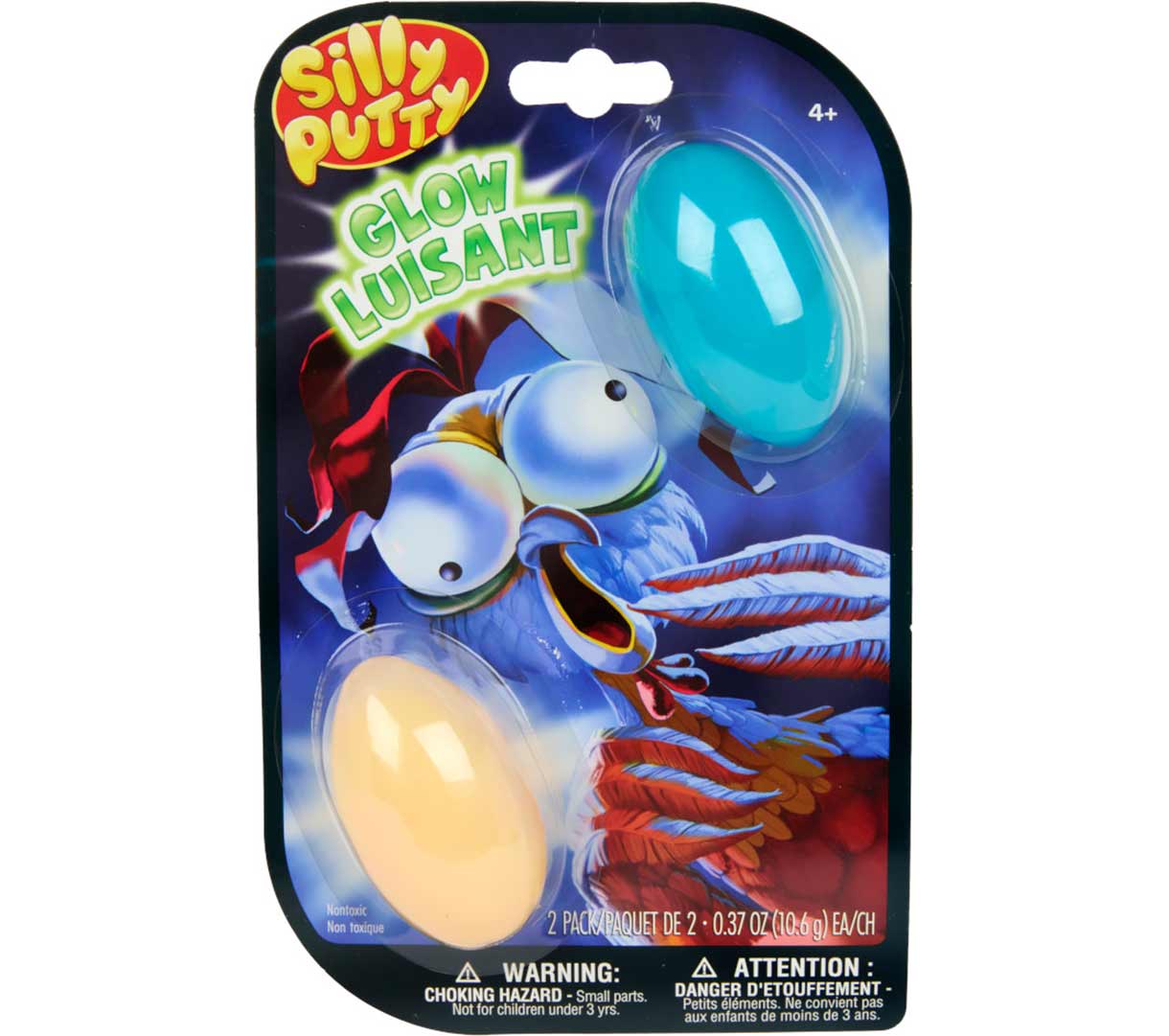 Silly Putty Glow Eggs, 2 Count, front view, blue and yellow.