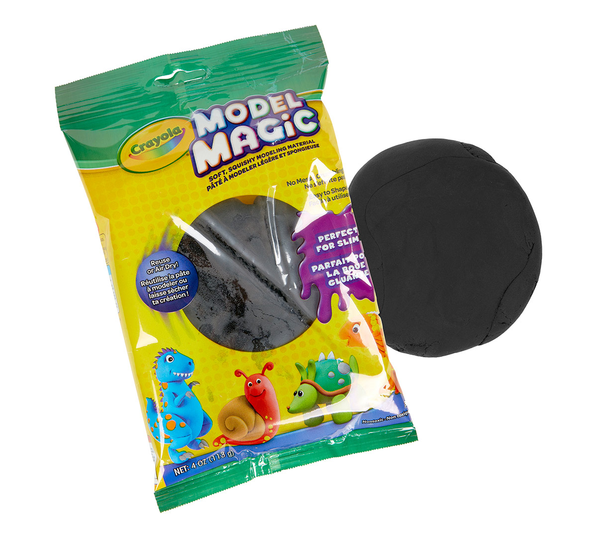 Model Magic 4 ounce black front view of package and model magic out of package