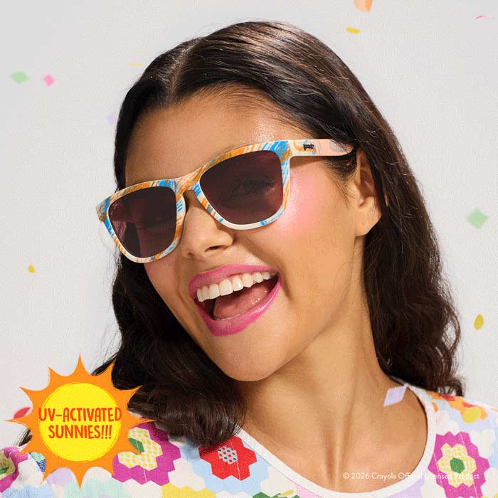 Crayola x goodr sunglasses confetti colors. woman wearing summertime sunglasses.