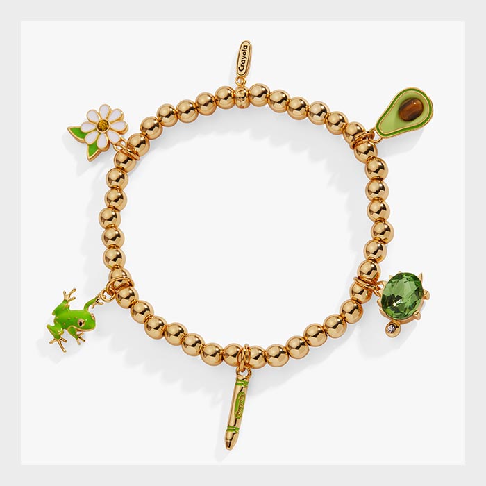 Crayola Charm Stretch Bracelet. gold bracelet with forest green charms.