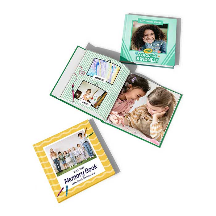 Crayola x Mixbook Photo Book Collection.  Open and closed books.