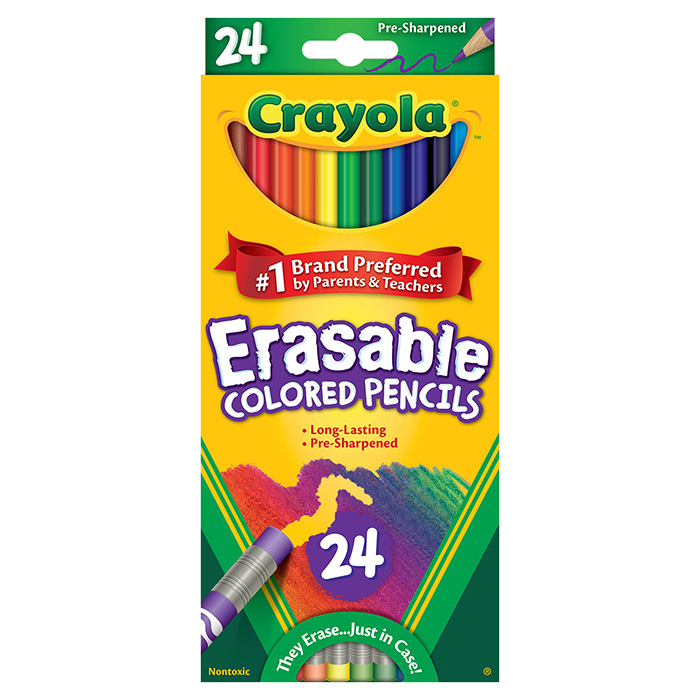 Erasable Colored Pencils  24 count packaging and one pencil standing side by side.