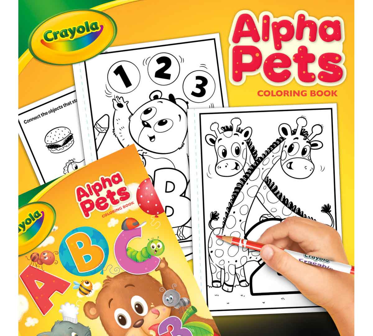 Alpha Pets Coloring Book front cover and selection of coloring pages.  Hand coloring giraffe with colored pencil.