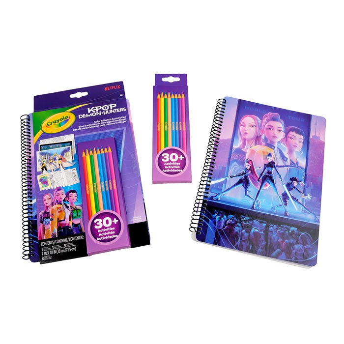 K-Pop Demon Hunters Color & Sketch Activity Pad packaging and contents.