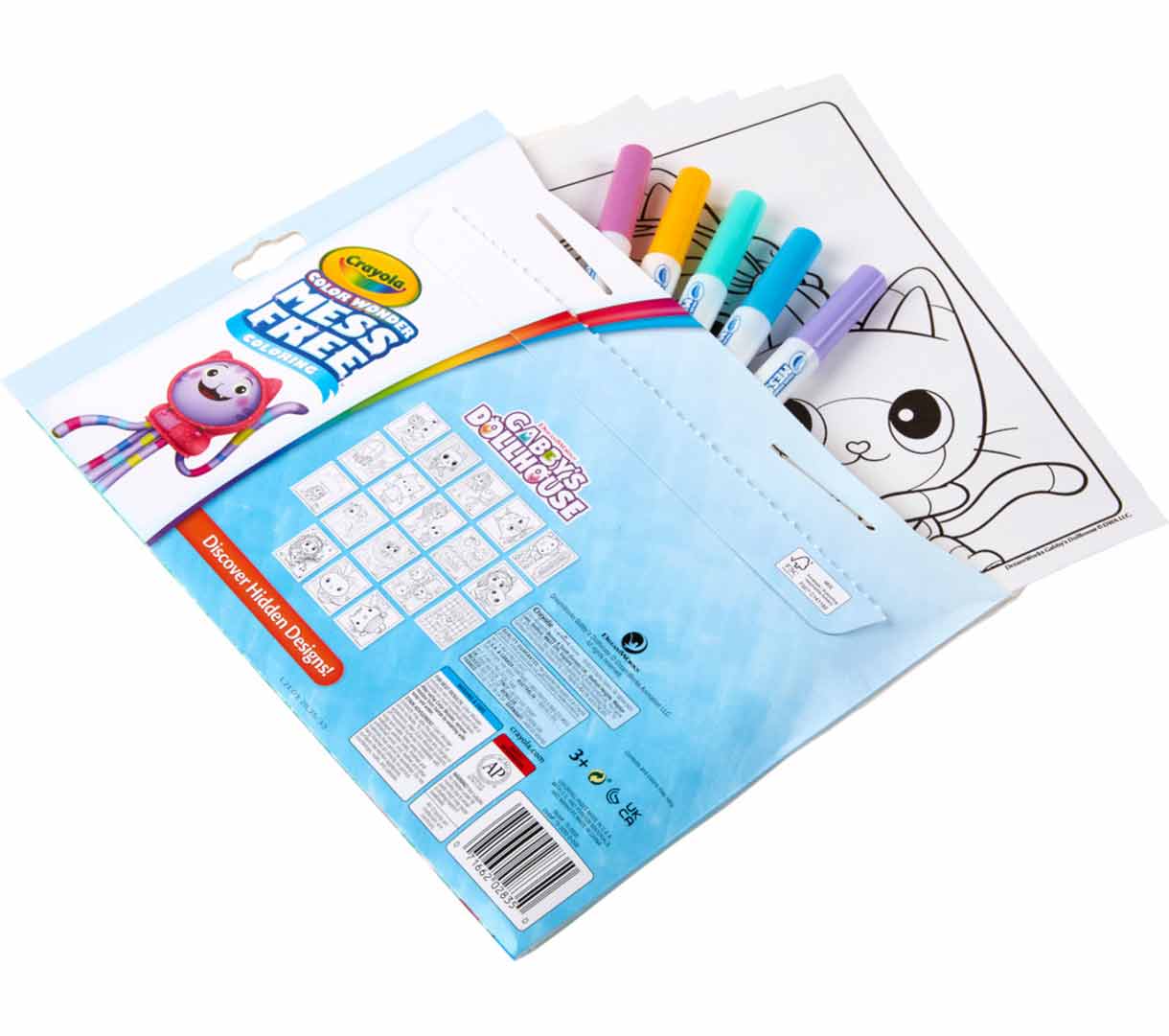 Color Wonder Mess Free Gabby's Dollhouse Coloring Pages & Markers. Coloring pages and markers partially outside of foldalope packaging.