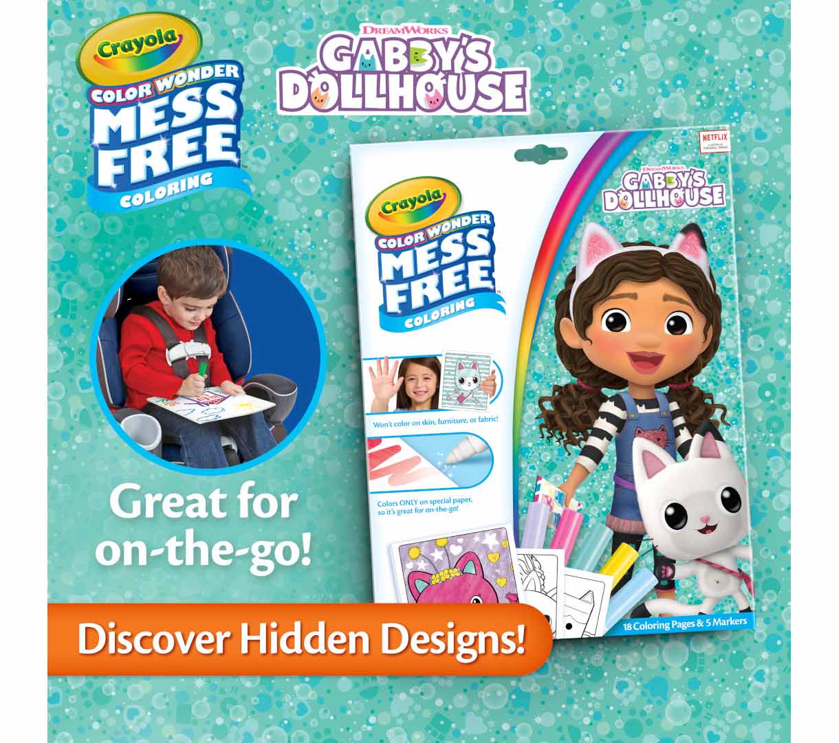 Color Wonder Mess Free Gabby's Dollhouse Coloring Pages & Markers. Great for on-the-go! Discover hidden designs!
