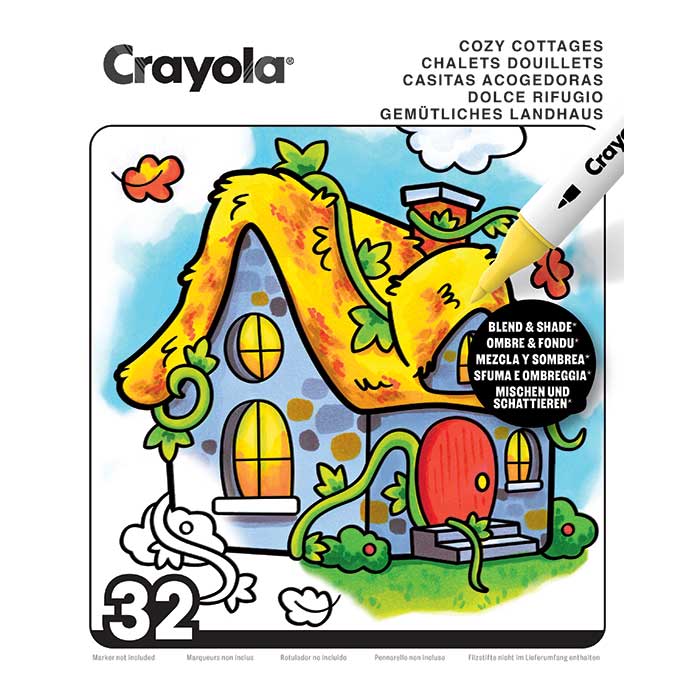 Cozy Cottages Adult Coloring Book, 32 Pages front view.