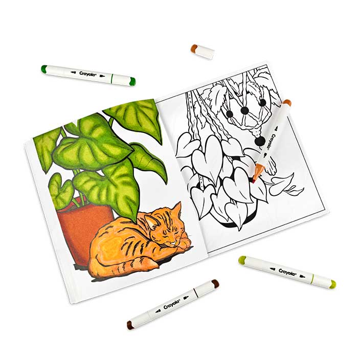 Plant Lady Adult Coloring Book, 32 Pages. Open book with colored page surrounded by crayola alcohol markers.