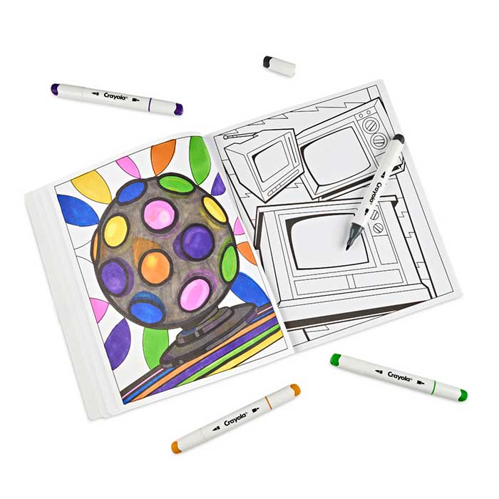 I Feel Old Adult Coloring Book, 32 pages. Open book with colored page surrounded by crayola alcohol markers.