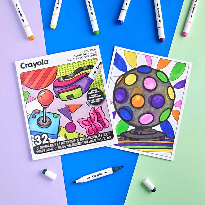 I Feel Old Adult Coloring Book, 32 pages, Book with colored page surrounded by crayola alcohol markers.
