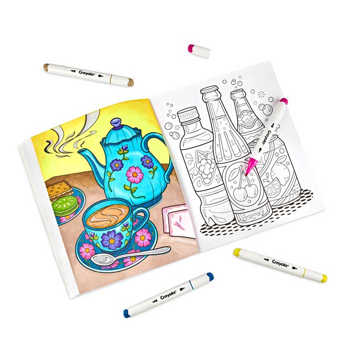 Stay Hydrated Adult Coloring Book, 32 Pgs. Open book with colored page surrounded by crayola alcohol markers.