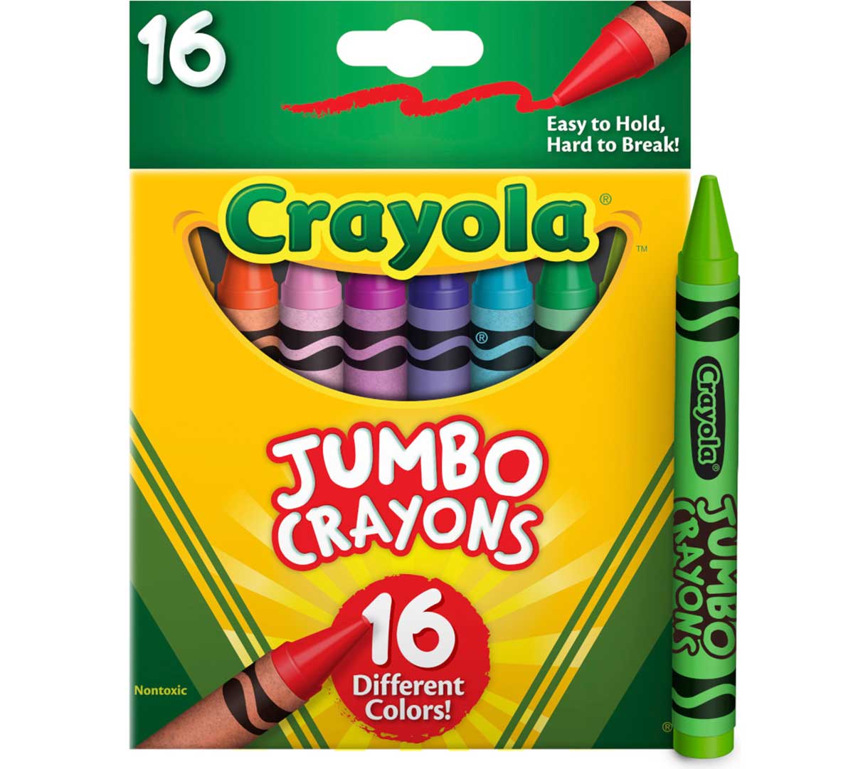 Bulk Jumbo Crayon Set  6 boxes of 16 Count Jumbo Crayons. Individual box with one green jumbo crayon standing on end.